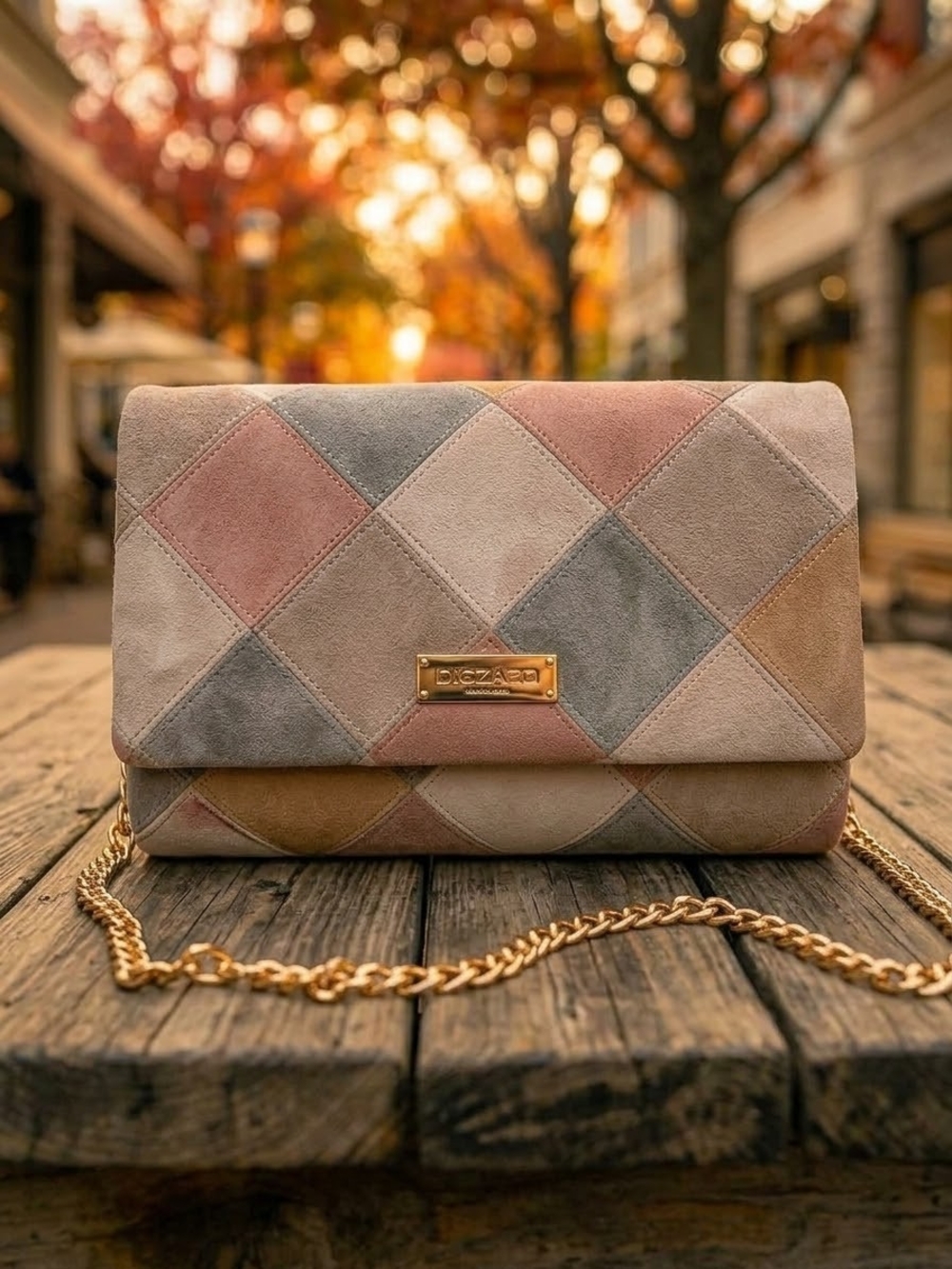 Neutral Geometric Patchwork Crossbody Clutch – Tan, Taupe & Grey